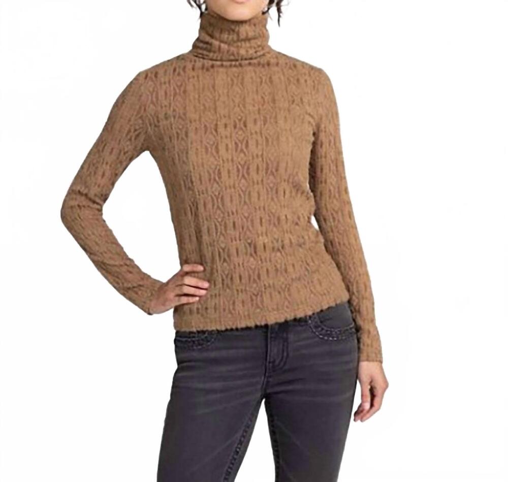 NEW MISS ME lace long sleeve turtleneck top in camel